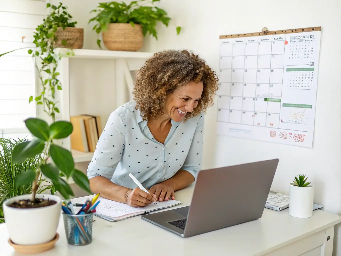 A person organizing their workspace.