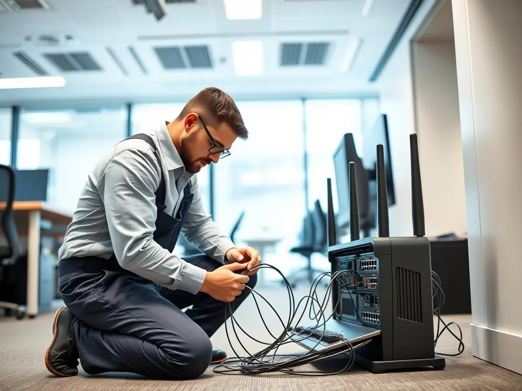 A person setting up a Wi-Fi router.